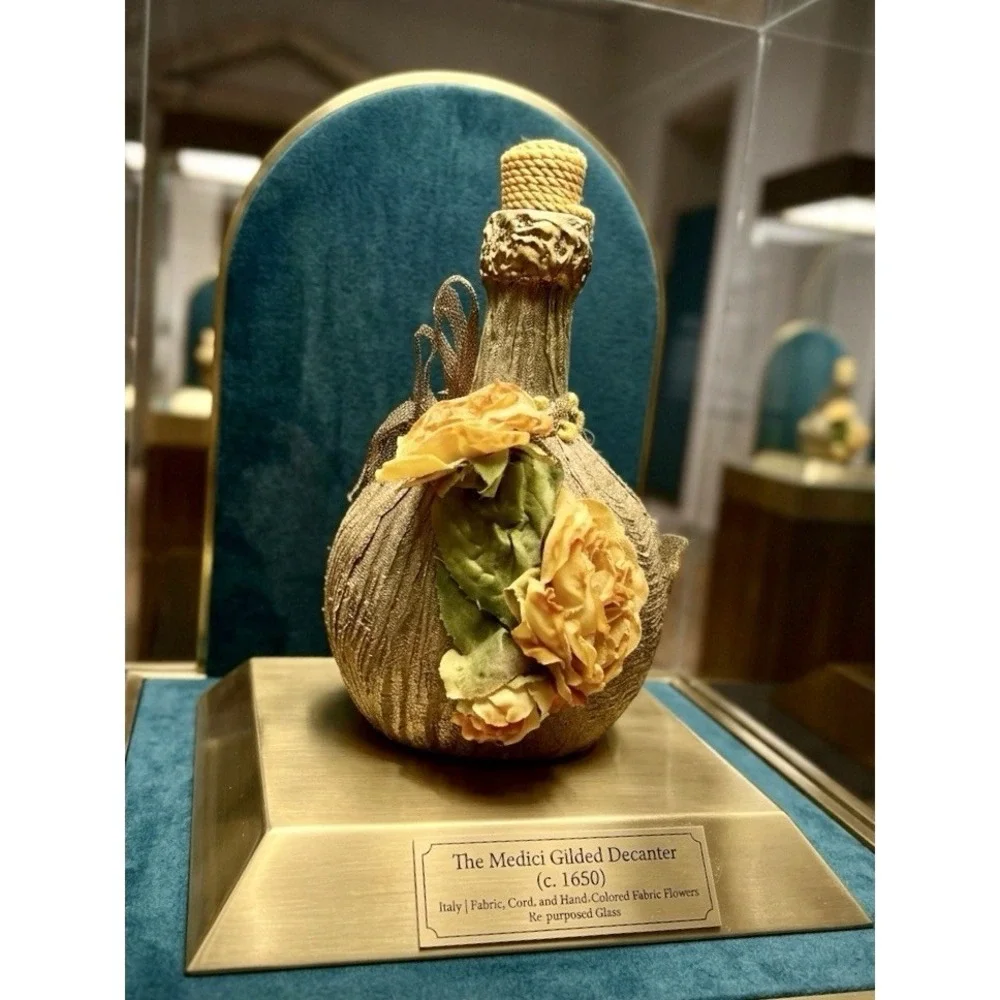 Vintage Gold Wrapped Decanter Bottle Faux Yellow Roses Floral Decor